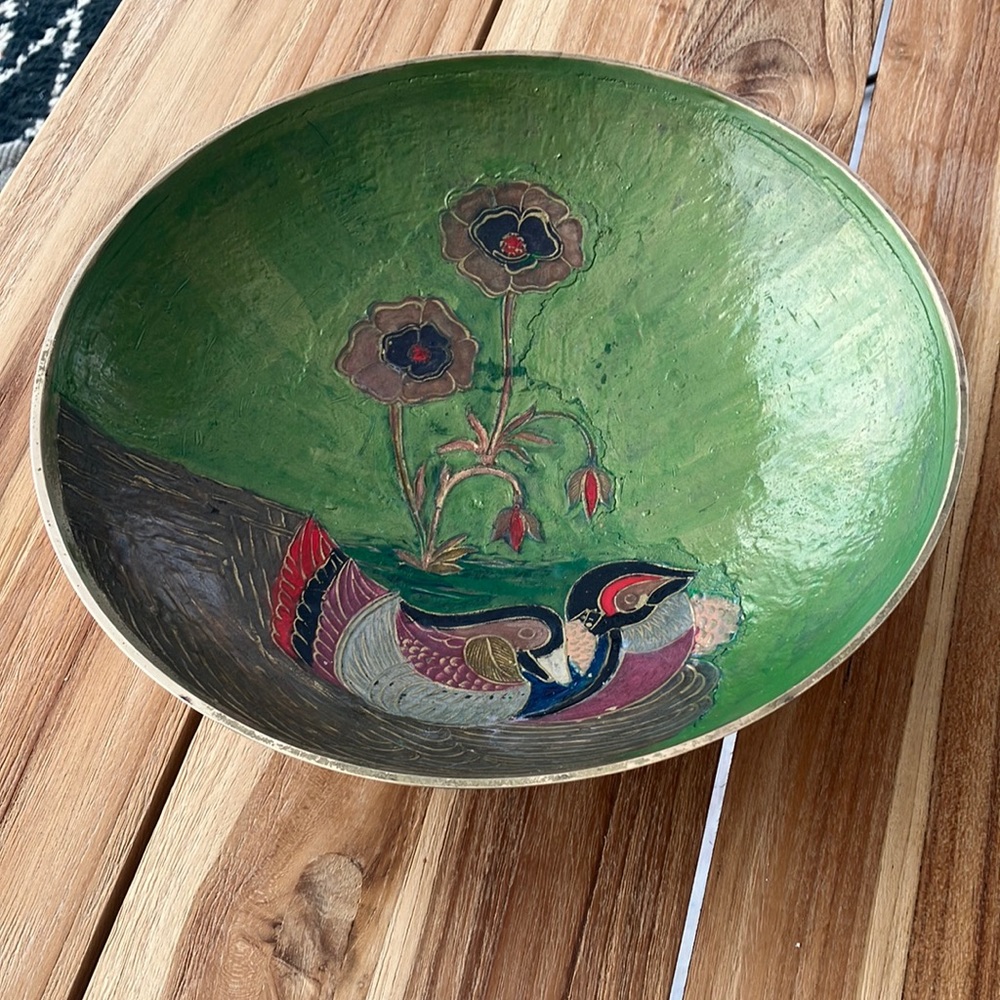 Cloisonné green and brass bowl